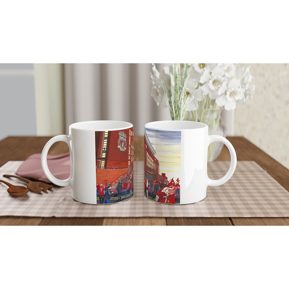 Liverpool Fc Anfield  football stadium scene by artist Andrew Robinson andrewrobinsonart.com. Available in fine art print, poster, canvas prints and mugs etc 