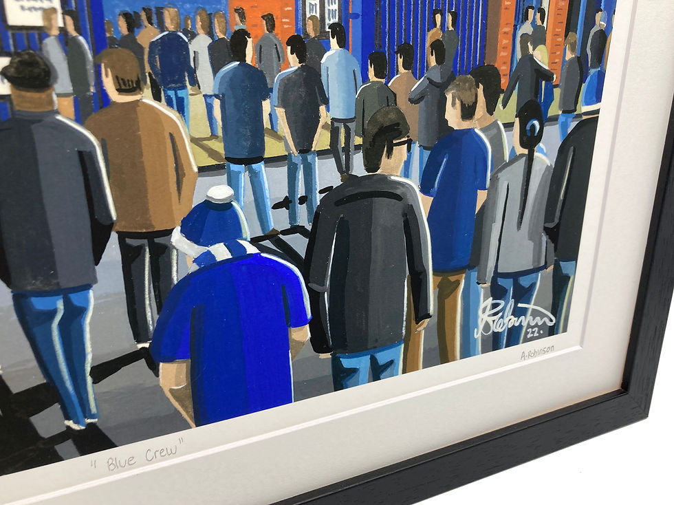 Thumbnail: Chelsea FC retro Stamford Bridge football stadium Scene by artist Andrew Robinson andrewrobinsonart.com. Limited Edition available in fine art print only