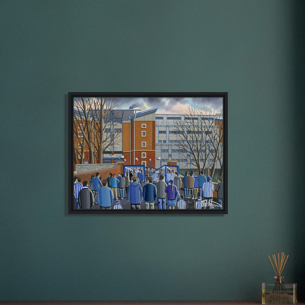 Thumbnail: Sheffield Wednesday F.C Football Stadium By Artist Andrew Robinson andrewrobinsonart.com, Andrew Robinson art .Framed Fine Art Prints, Posters, Canvas Prints, Framed canvas prints, Ceramic Mugs etc sport, football, rugby, NFL