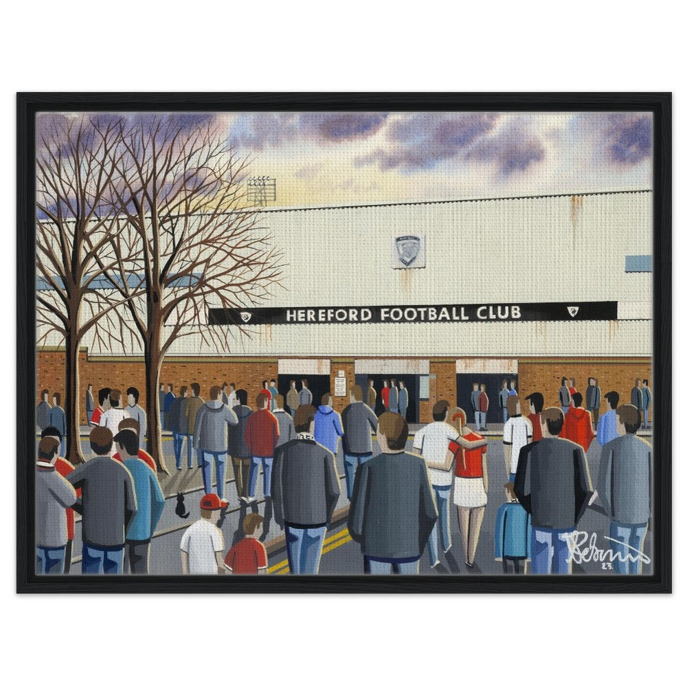 Hereford F.C Edgar Street Football Stadium By Artist Andrew Robinson andrewrobinsonart.com, framed Fine Art Prints Posters, Canvas Prints, Ceramic Mugs etc
