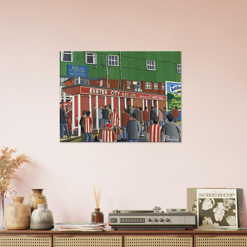 Thumbnail: Exeter City F.C Football Stadium  By Artist Andrew Robinson andrewrobinsonart.com, Andrew Robinson art .Framed Fine Art Prints, Posters, Canvas Prints, Framed canvas prints, Ceramic Mugs etc sport, football, rugby, NFL