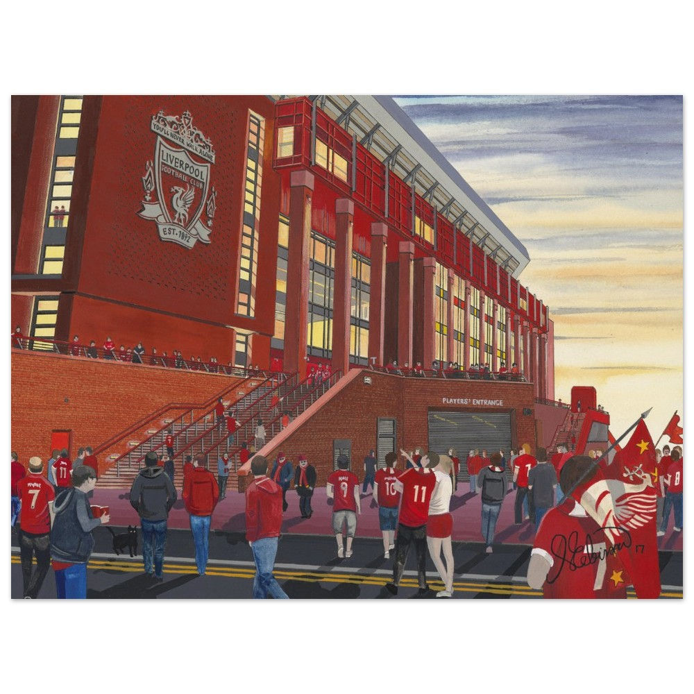 Liverpool FC Anfield  football stadium scene by artist Andrew Robinson andrewrobinsonart.com. Available in fine art print, poster, canvas prints and mugs etc 