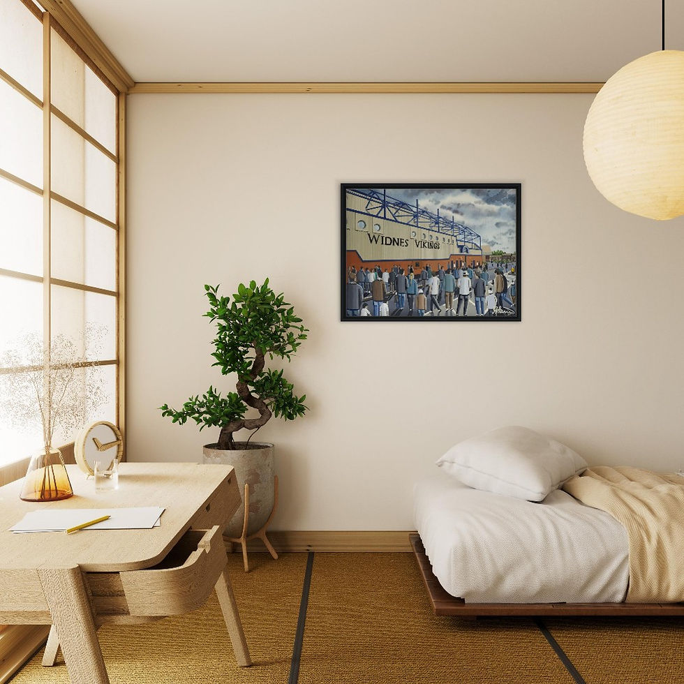 Thumbnail: Widnes Vikings Rugby League Stadium By Artist Andrew Robinson andrewrobinsonart.com, Andrew Robinson art .Framed Fine Art Prints, Posters, Canvas Prints, Framed canvas prints, Ceramic Mugs etc sport, football, rugby, NFL