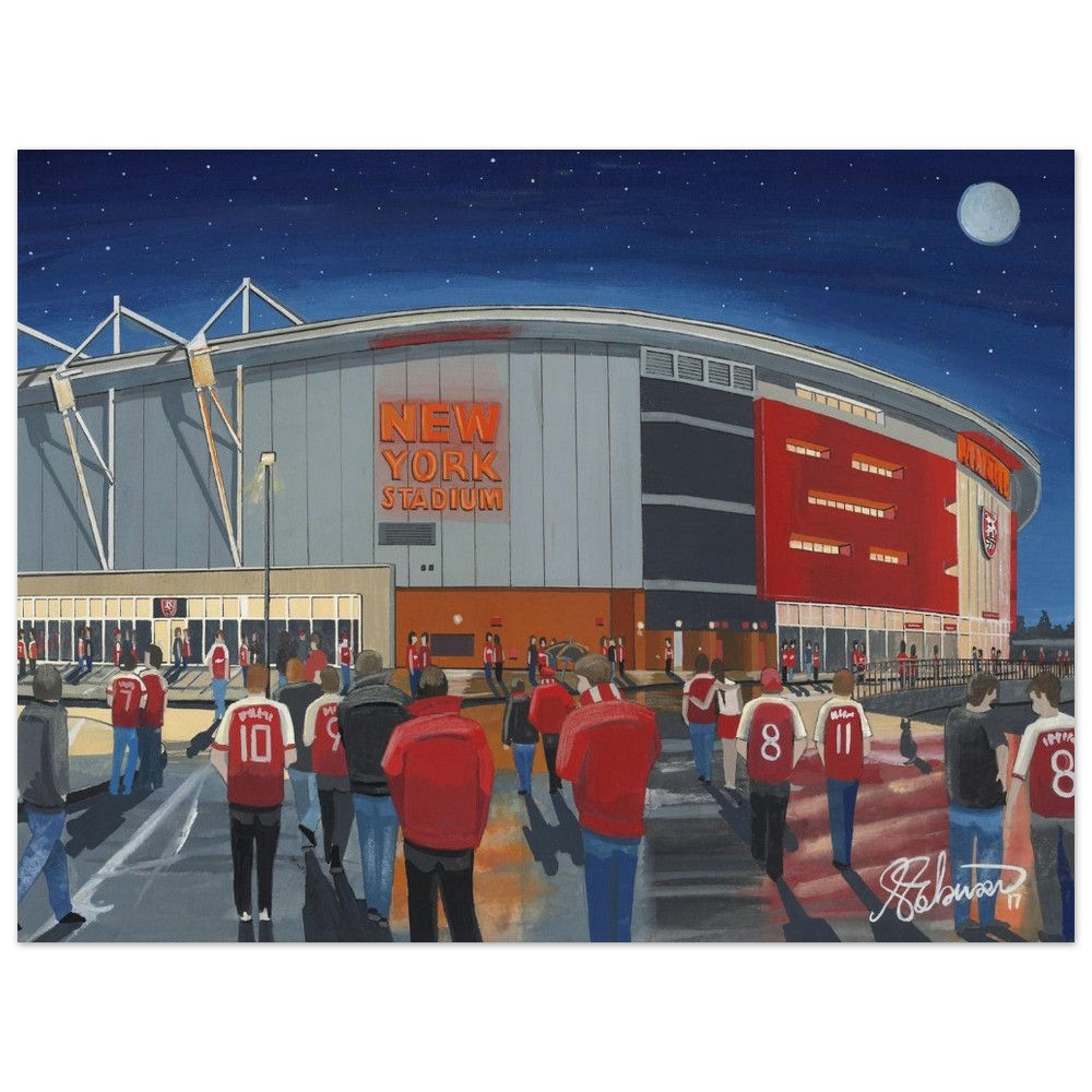 Rotherham United FC, New York Football Stadium Scene by artist Andrew Robinson andrewrobinsonart.com. Available in fine art print, poster, canvas prints and mugs etc