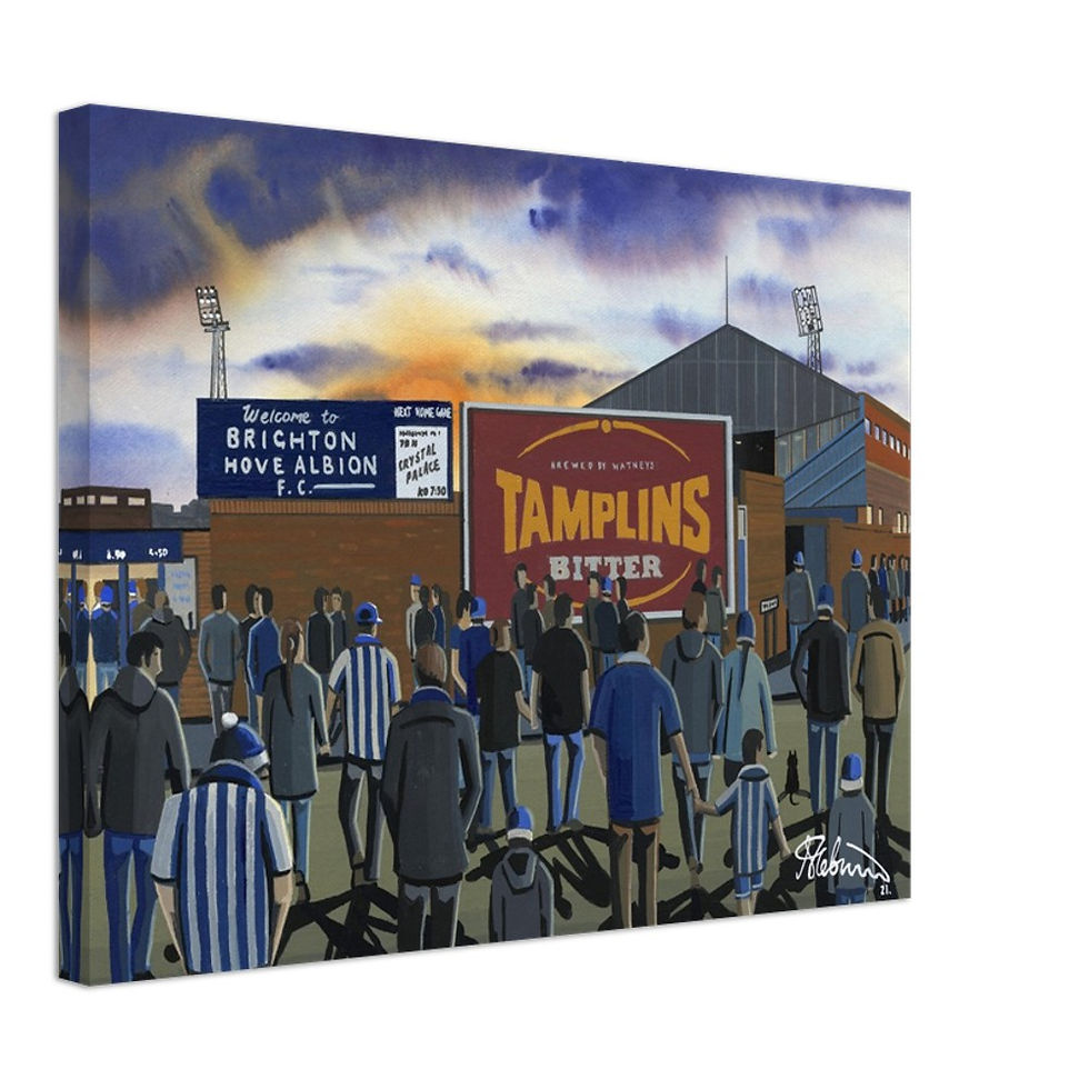 Brighton & Hove Albion FC Retro Goldstone Ground Football Stadium Scene by artist Andrew Robinson andrewrobinsonart.com. Available in fine art print, poster, canvas prints and mugs etc