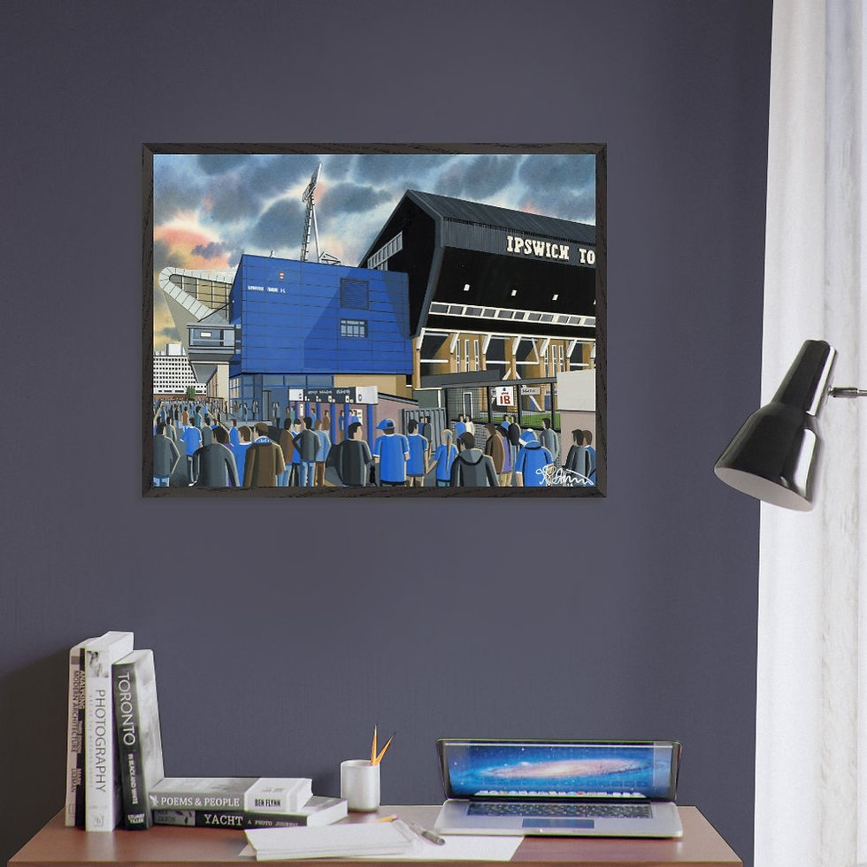 Thumbnail: Ipswich Town FC Portman Road  football stadium scene by artist Andrew Robinson andrewrobinsonart.com. Available in fine art print, poster, canvas prints and mugs etc 