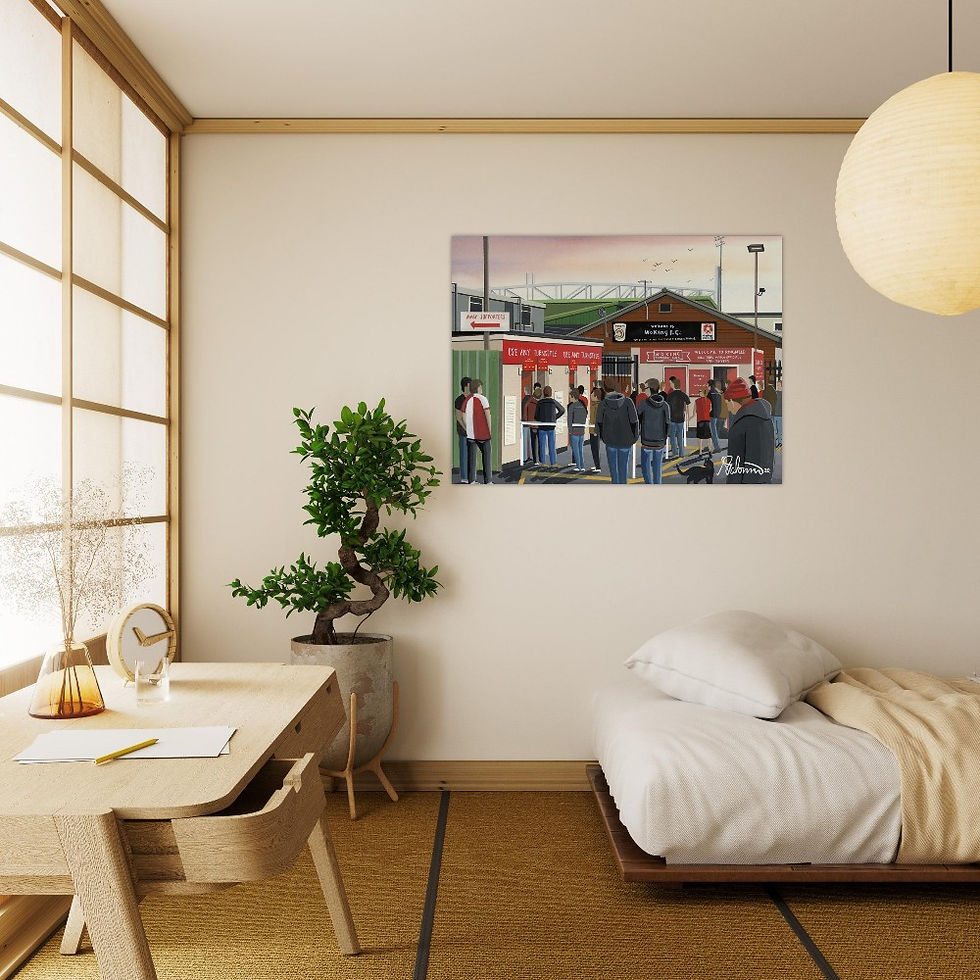 Thumbnail: Woking FC Kingfield Football Stadium Scene by artist Andrew Robinson andrewrobinsonart.com. Available in fine art print, poster, canvas prints and mugs etc 