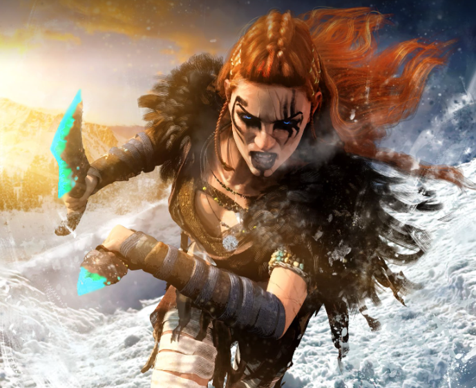 red haired barbarian women in an icy mountain scene charging with two daggers to attack