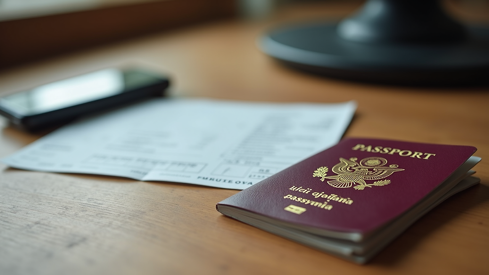 Close-up view of a passport and utility bill on a wooden table