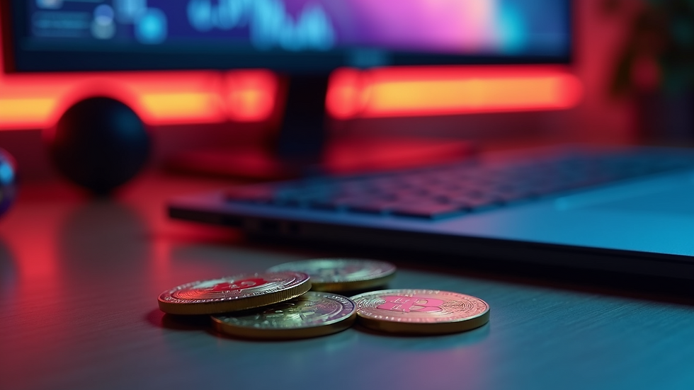 Close-up view of a gaming setup with crypto coins and a laptop