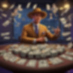 A man in a brown suit and hat sits at a table with stacks of money, flipping bills. The background is a dimly lit urban night scene.