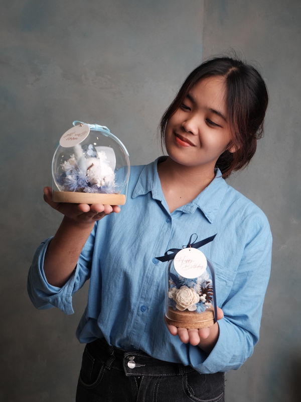 Dome Preserved — Bunga awetan dalam dome kaca 8x10cm — Little Puff Flowers
