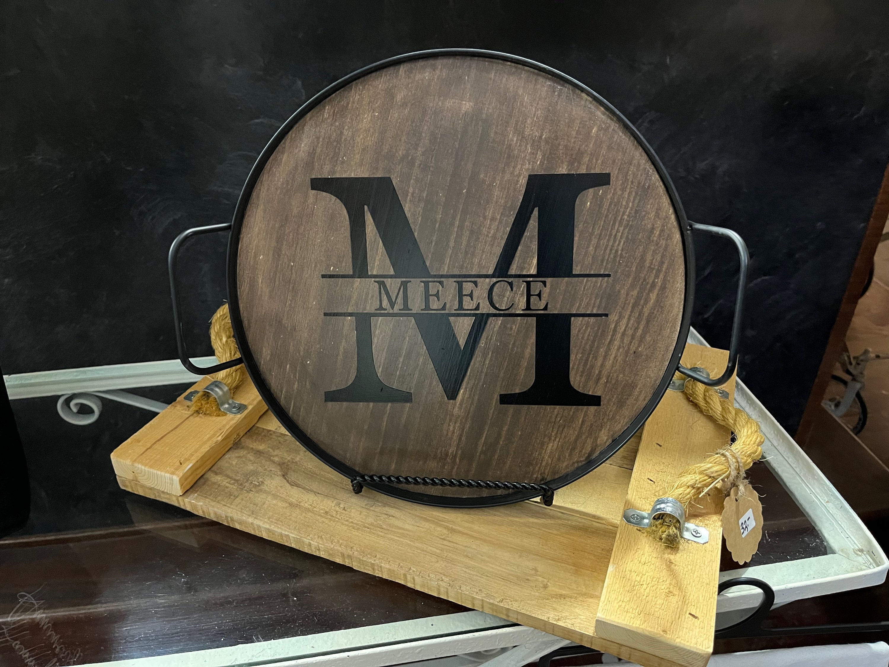 Round wood/metal tray