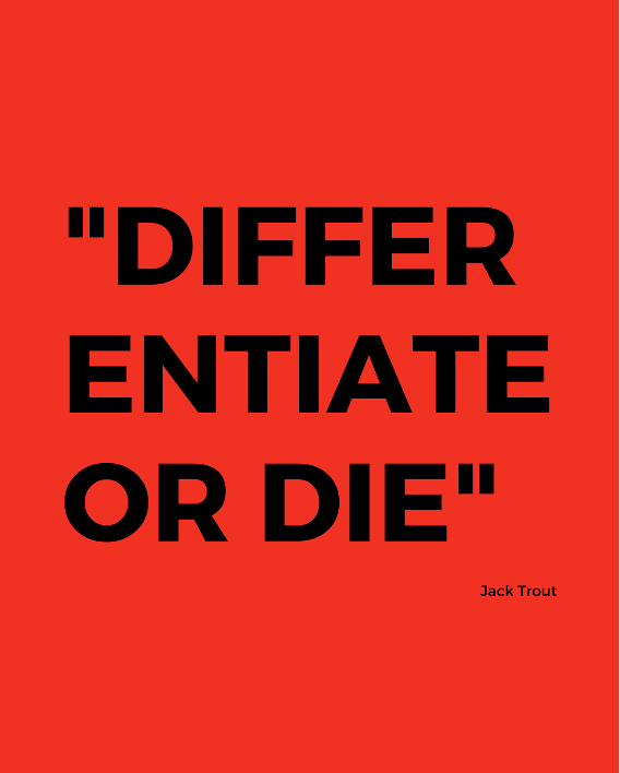 Texto "DIFFERENTIATE OR DIE" escrito em caixa alta, em negrito, na cor preta sobre um fundo vermelho forte.