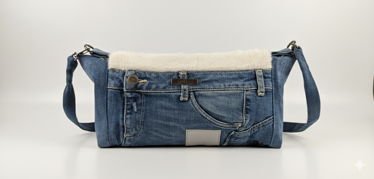 Upcycling Jeans/Kunstfell weiß