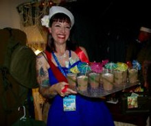 Woman serving tropical cocktails.