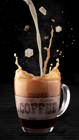 Café com leite caindo na xícara, pedaços de açúcar e a palavra 'COFFEE'.