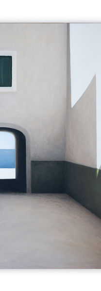 Pintura de um corredor com vista para o mar, janela e porta aberta