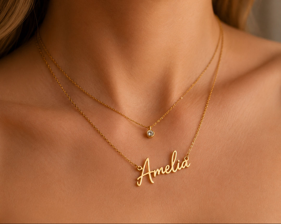 Collier Personnalisé Double Chaîne – Prénom & Pierre Zircon