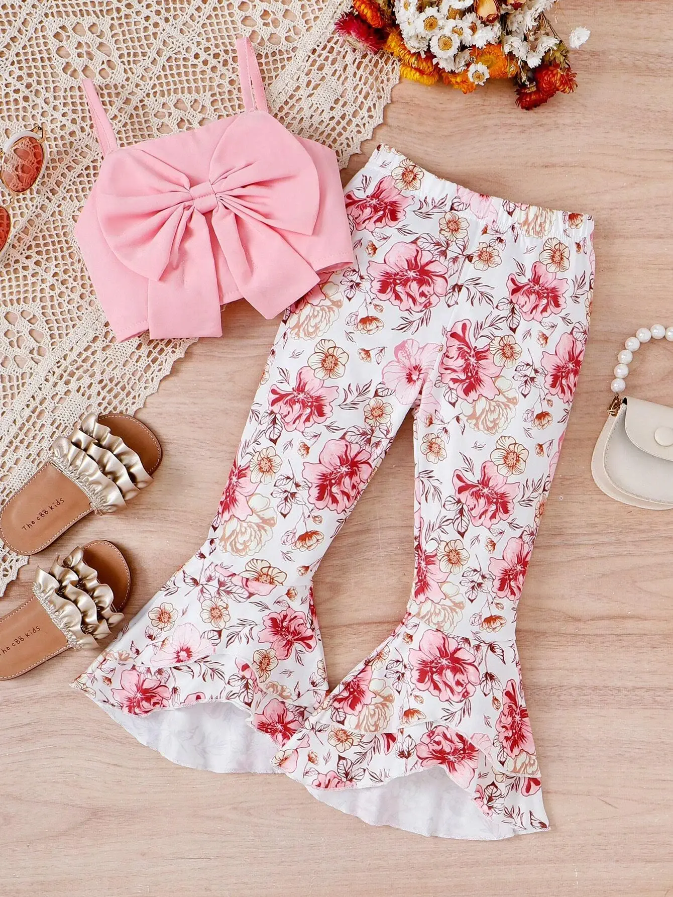 Girl Bow Front top and Floral Flare Leg Pants