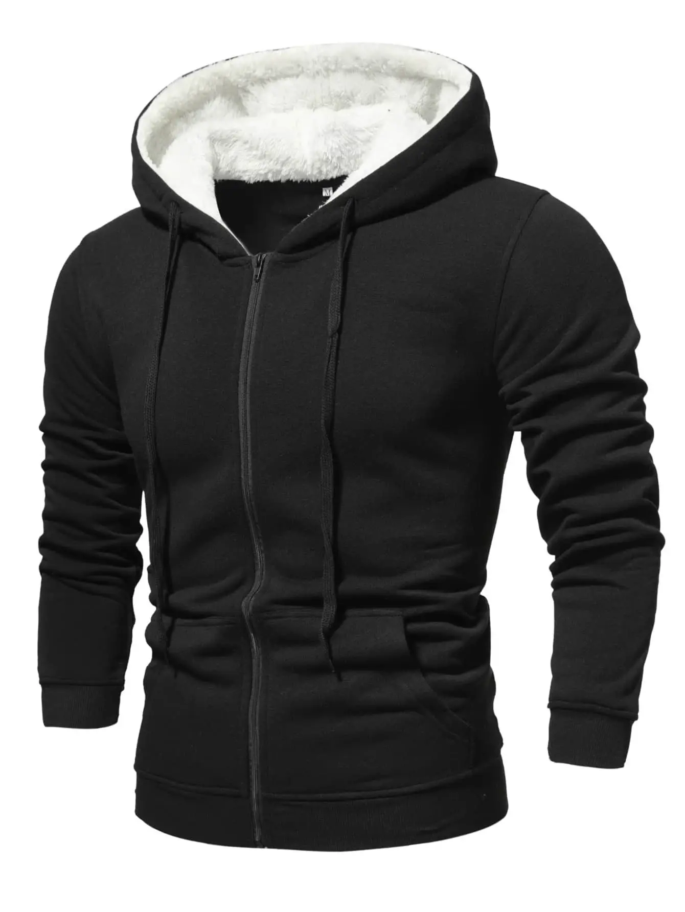 Zip Up Fluffy Hood Black Hoodie