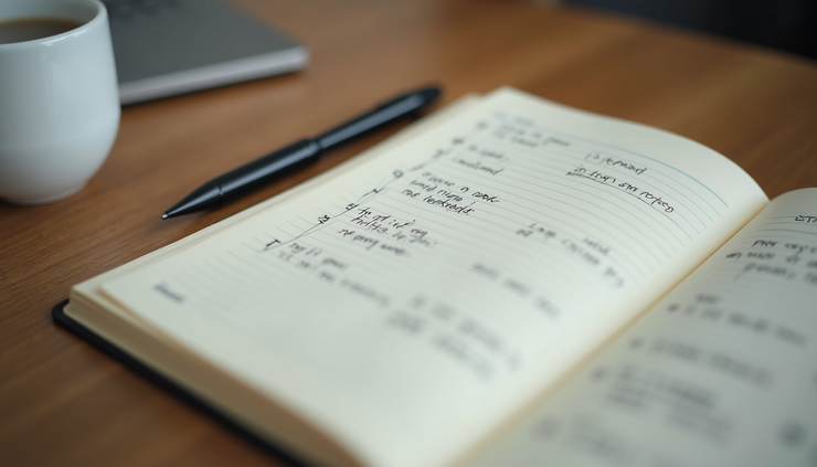 Close-up view of a journal with handwritten mood tracking notes and a pen