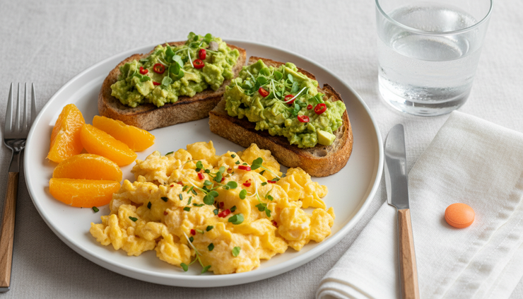 Close-up of a simple breakfast plate with a glass of water and vitamins nearby