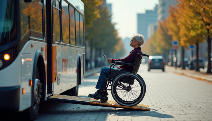 Close-up view of a wheelchair user boarding a bus using a ramp designed for accessibility