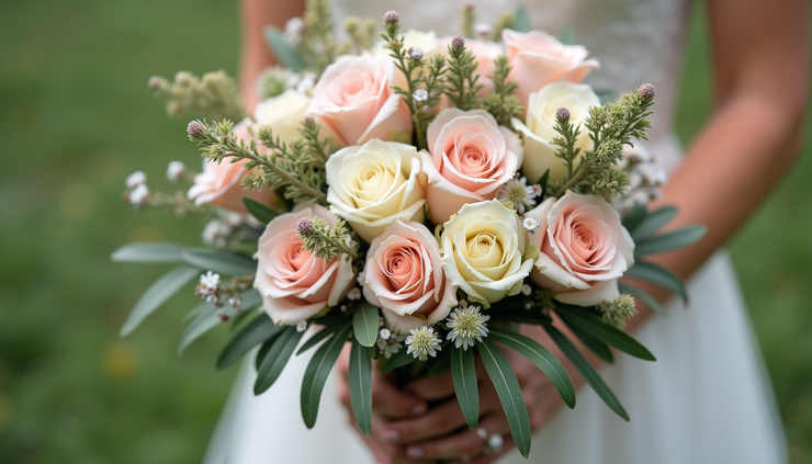 Close-up view of a beautifully arranged wedding bouquet with seasonal flowers and greenery in soft pastel tones