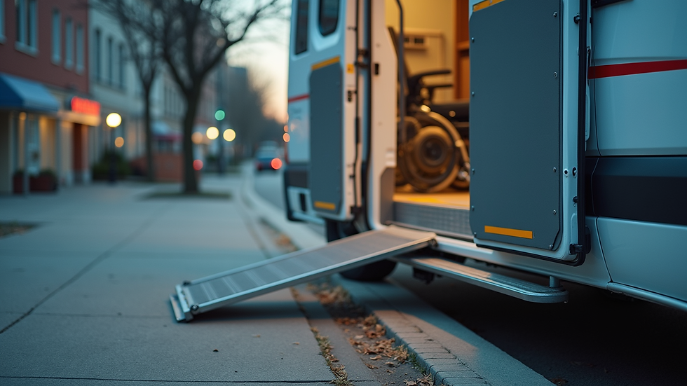 Close-up view of a medical transportation vehicle door with a wheelchair ramp extended
