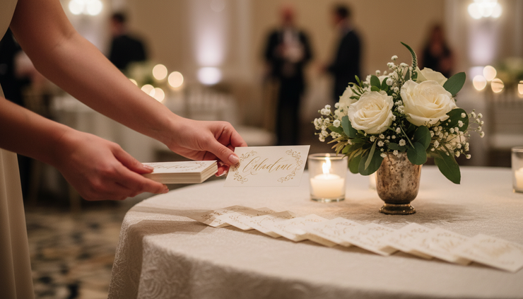Close-up of a wedding planner's hands placing escort cards on a linen-covered table.