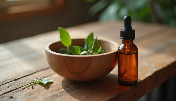 Eye-level view of a wooden bowl filled with natural unscented oils and a dropper bottle on a rustic table