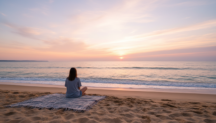 Wide-angle view of a quiet beach at sunset with one person sitting near the shoreline.