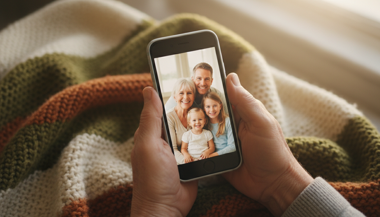 Overhead view of an older adult holding a smartphone with a family photo on the screen