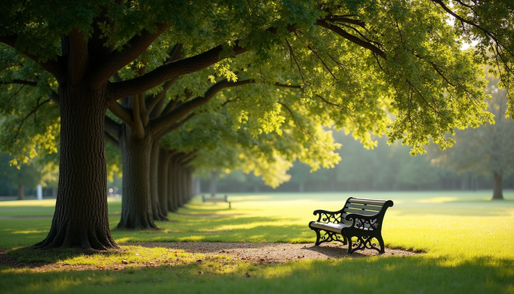 High angle view of a secluded park bench under a large oak tree