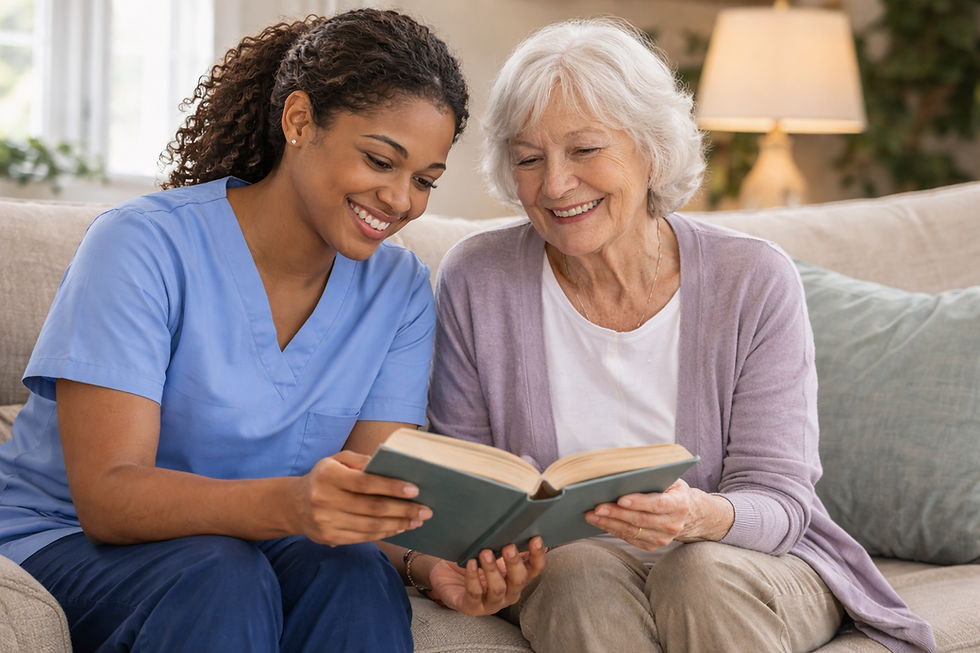 Caregiver reads book with smiling senior woman