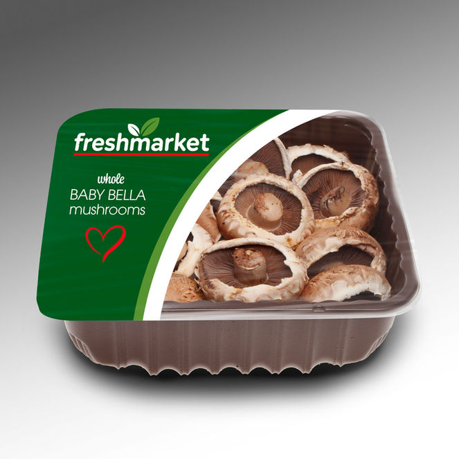 plastic tray with film lidding and macro perf example with mushrooms