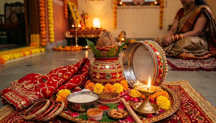 वाइड-एंगल दृश्य में करवा चौथ की पूजा थाली और सजे हुए दीये दिख रहे हैं