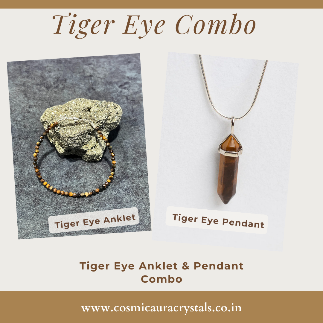 Tiger’s Eye anklet and pendant jewelry set for balance, grounding, and spiritual healing.