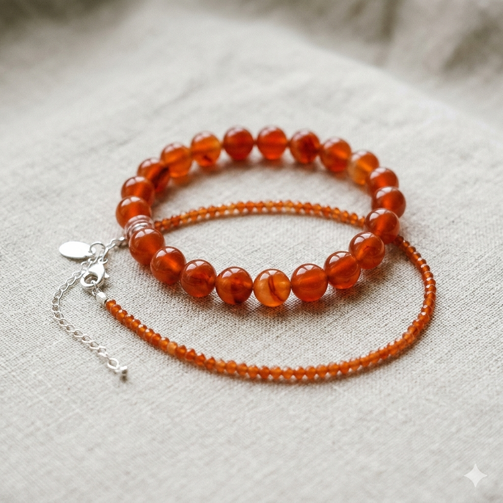 Carnelian bracelet and anklet set with natural orange-red gemstone beads