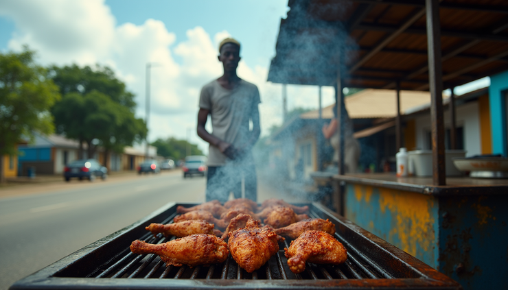 Eye-level view of a roadside jerk chicken stand with smoke rising from the grill