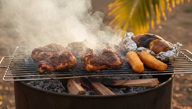 Close-up of jerk chicken cooking over pimento wood with festival and foil-wrapped yam nearby.