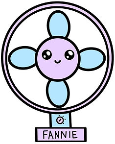 Mascote do NEPF, Fannie, um ventilador carismático com hélices azuis e rostinho fofo.