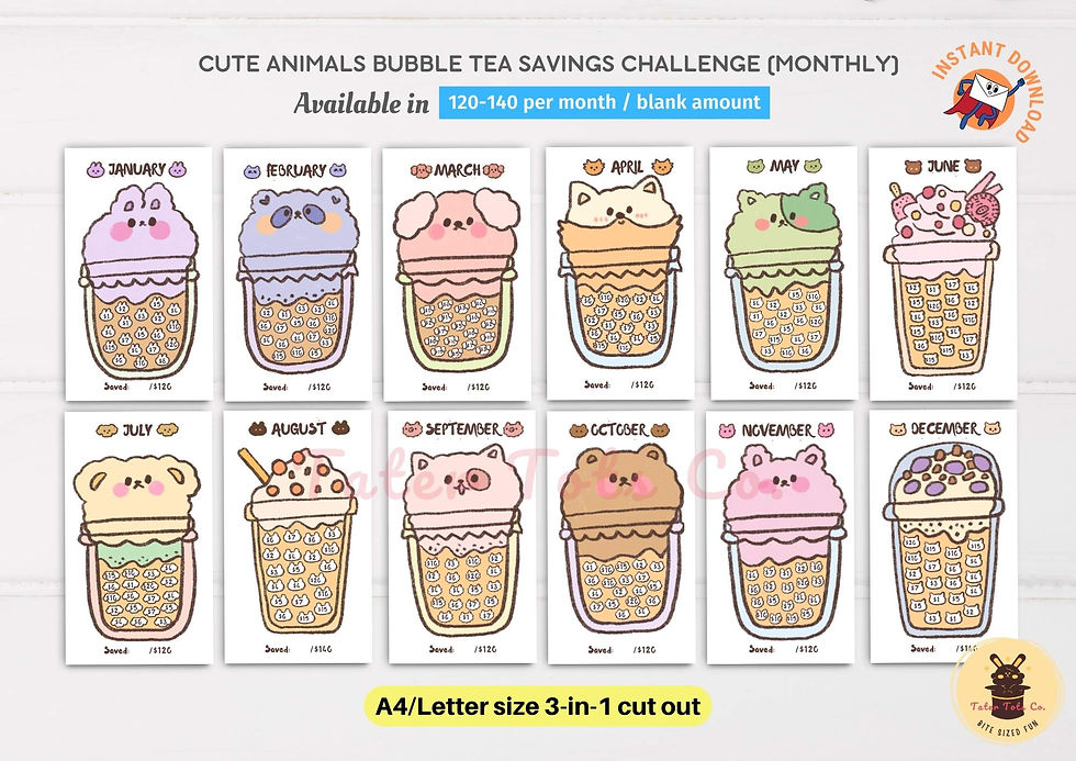 Bubble Tea Animals 12 Months Savings Challenge: Cash Envelope Instant Download