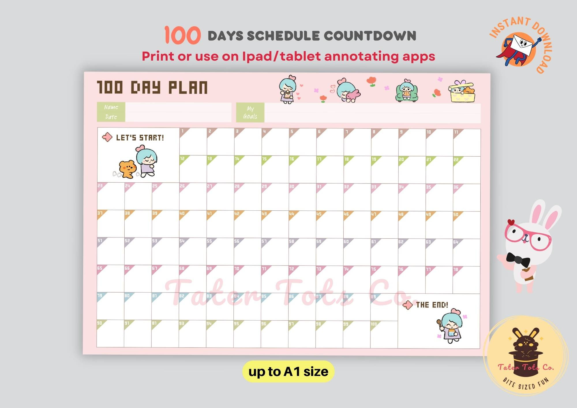 100 Days Game Plan Start to Finish Schedule Template + Habit Tracker | Cute Girl