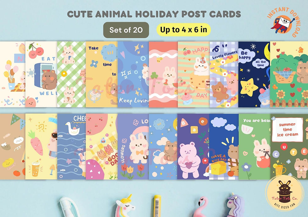 Cute Bunny, Bear and Cat Illustrations Holiday Postcard Set for note, desk