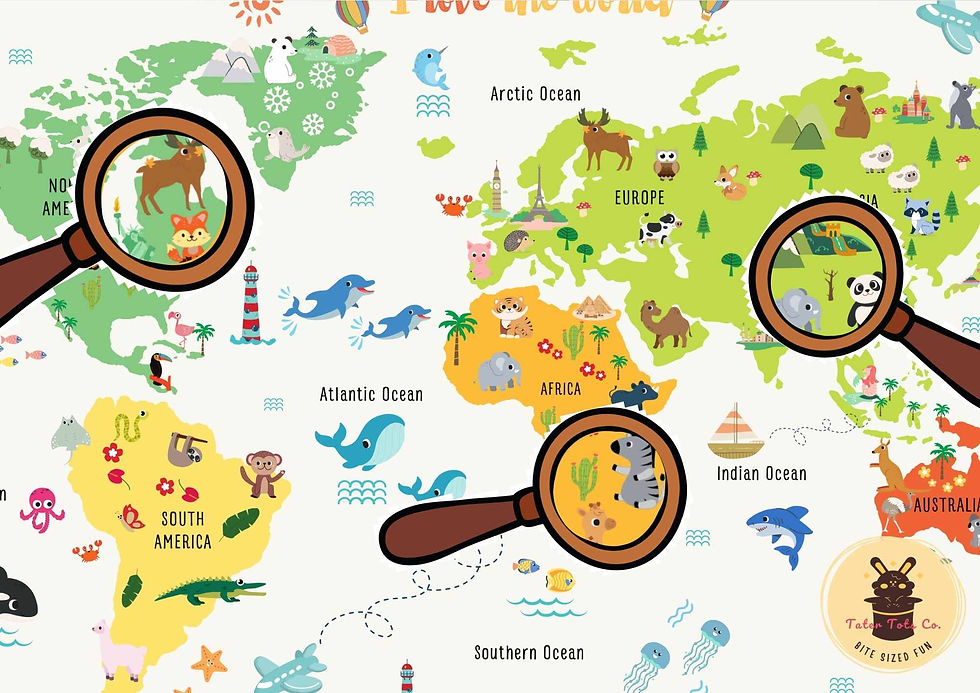 World map for kids Wall Art Poster with travel landmarks and cute animals around