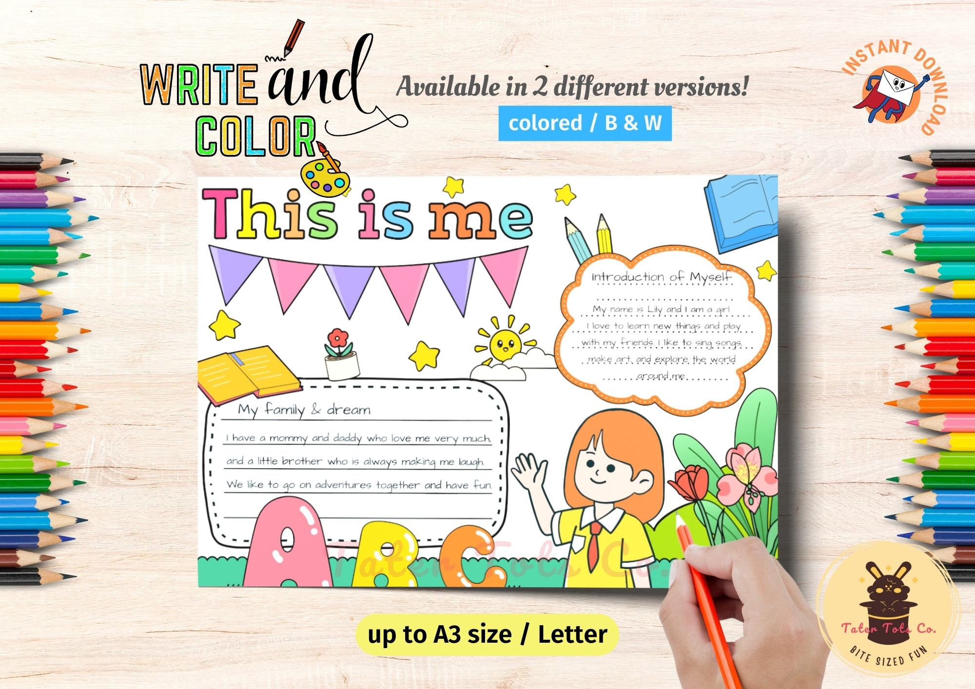 All about me Girl Color Poster Template - Who Am I/This is me Kids Questionnaire