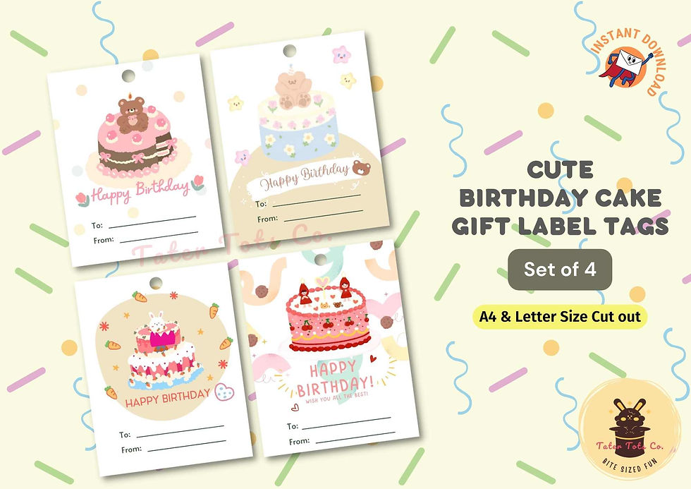 Printable Sweet Happy Birthday Cake Gift Tag Labels with Cute illustrations