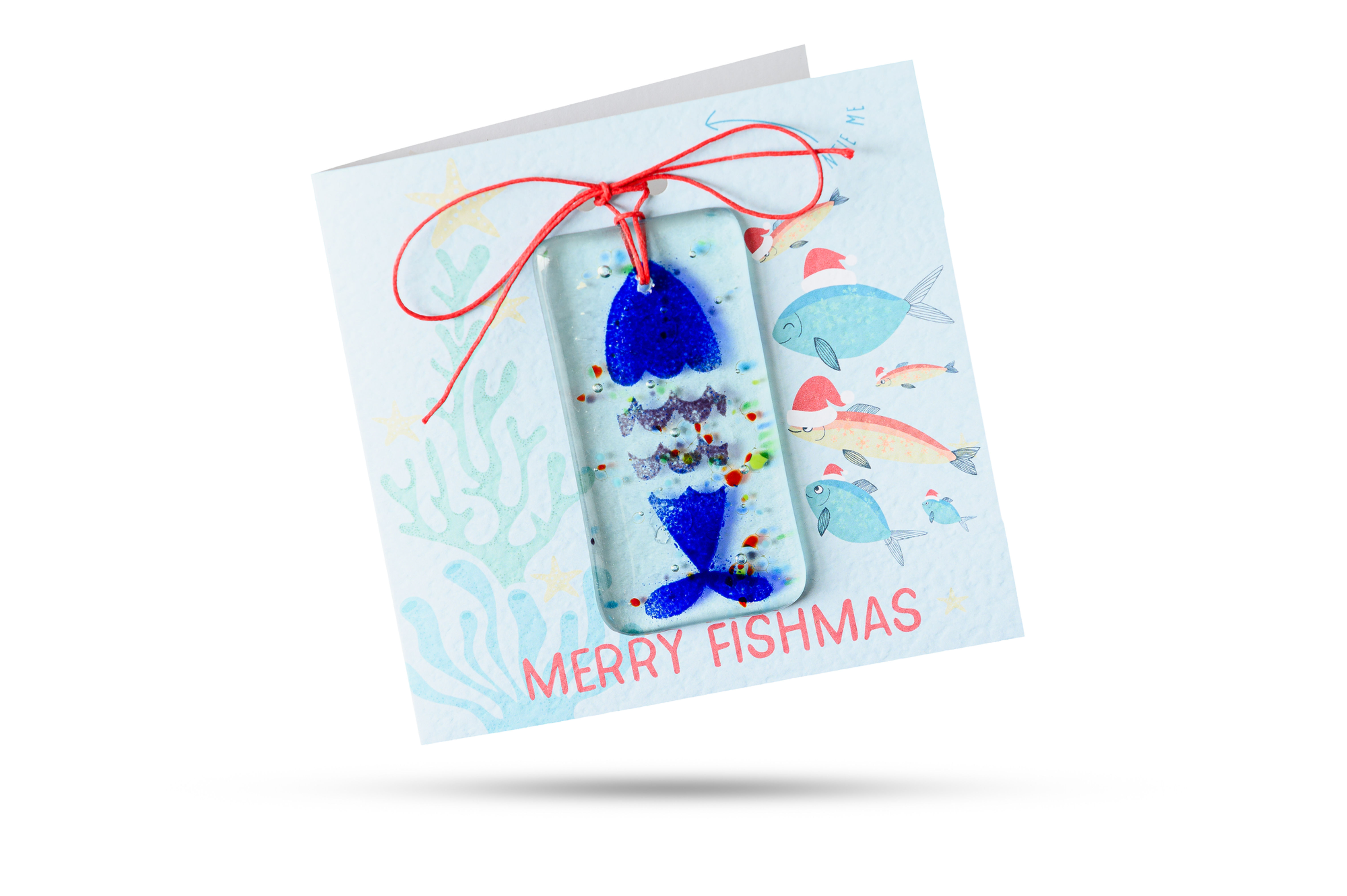 Merry Fishmas (Santa Fish) - Greeting card with a fused glass gift attached